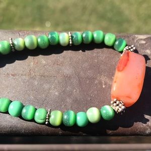 Green Cat’s Eye Bead And Stone Necklace Vintage